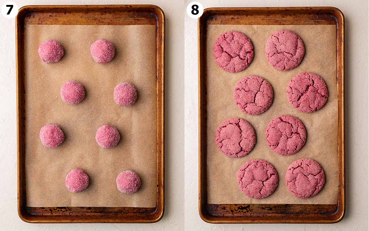 Two image collage of strawberry cookies on baking sheet before and after baking.