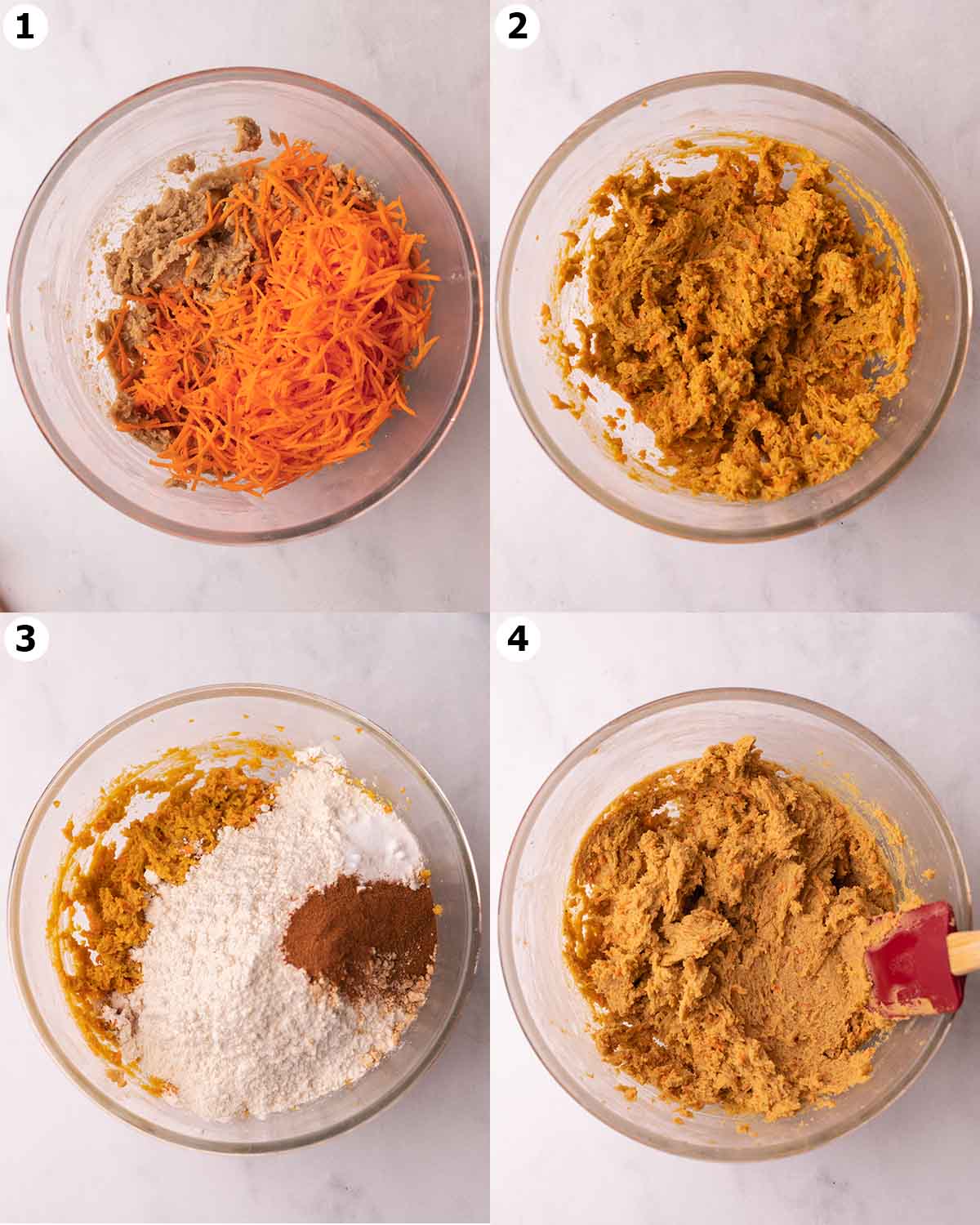 Four image collage showing how to make the dough for the carrot cake cookies.