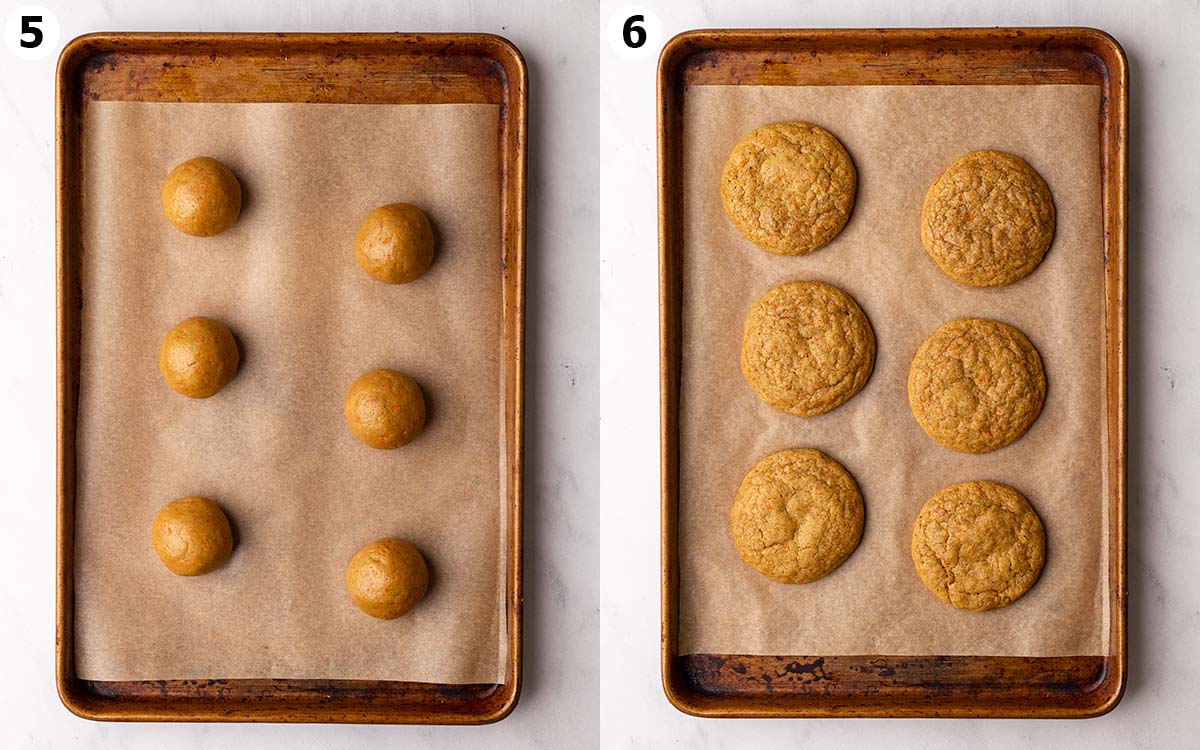 Two image collage of cookie dough balls and baked cookies on a baking sheet.