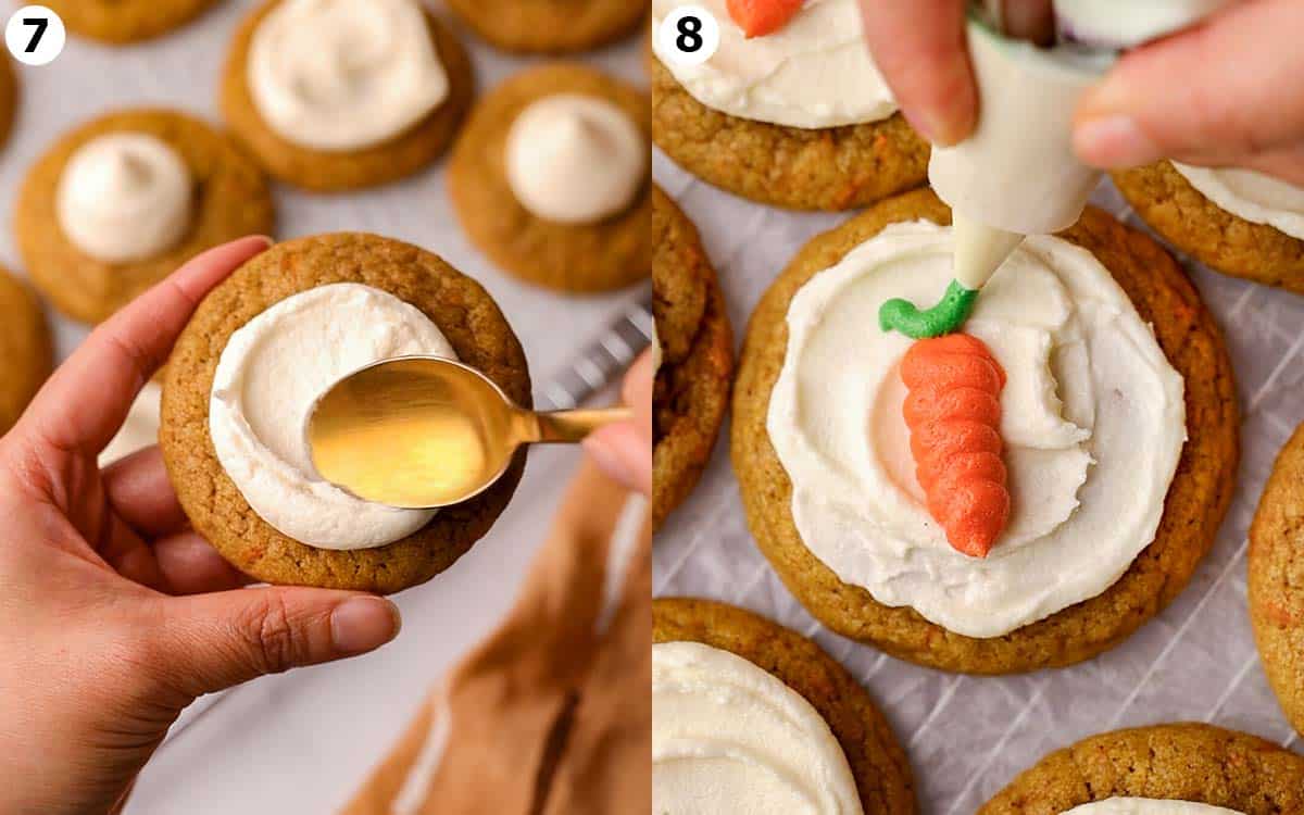 Two image collage showing a spoon spreading white frosting on cookie, and an image showing how to pipe a carrot pattern on the cookie.