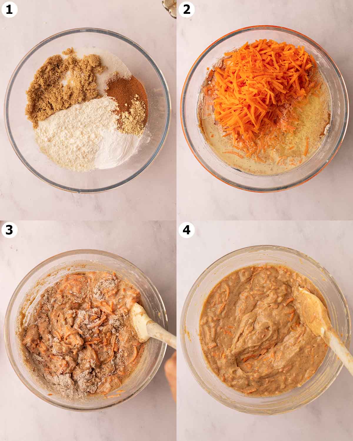 Four image collage showing how the cake batter comes together in one bowl.