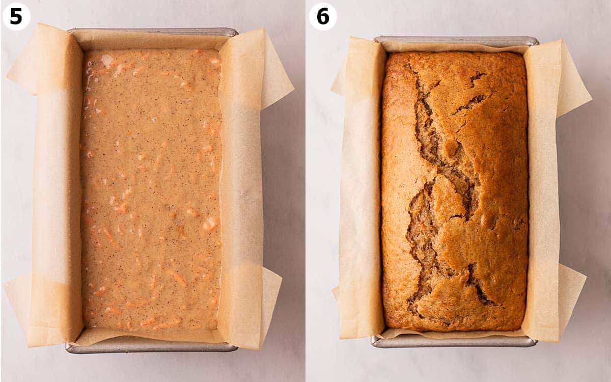 Two image collage showing before and after the carrot loaf has been baked.