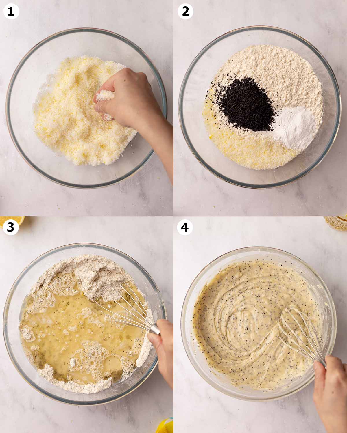 Four image collage showing steps for making the cake batter in one bowl.