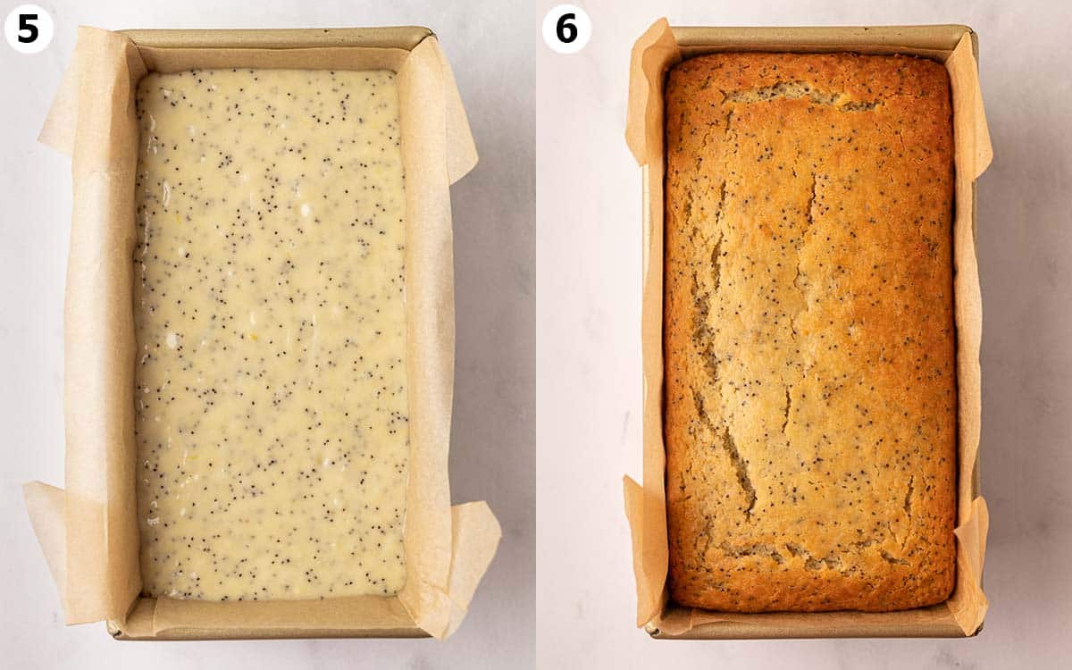 Two image collage of lemon poppy seed cake in loaf tin, before and after baking.