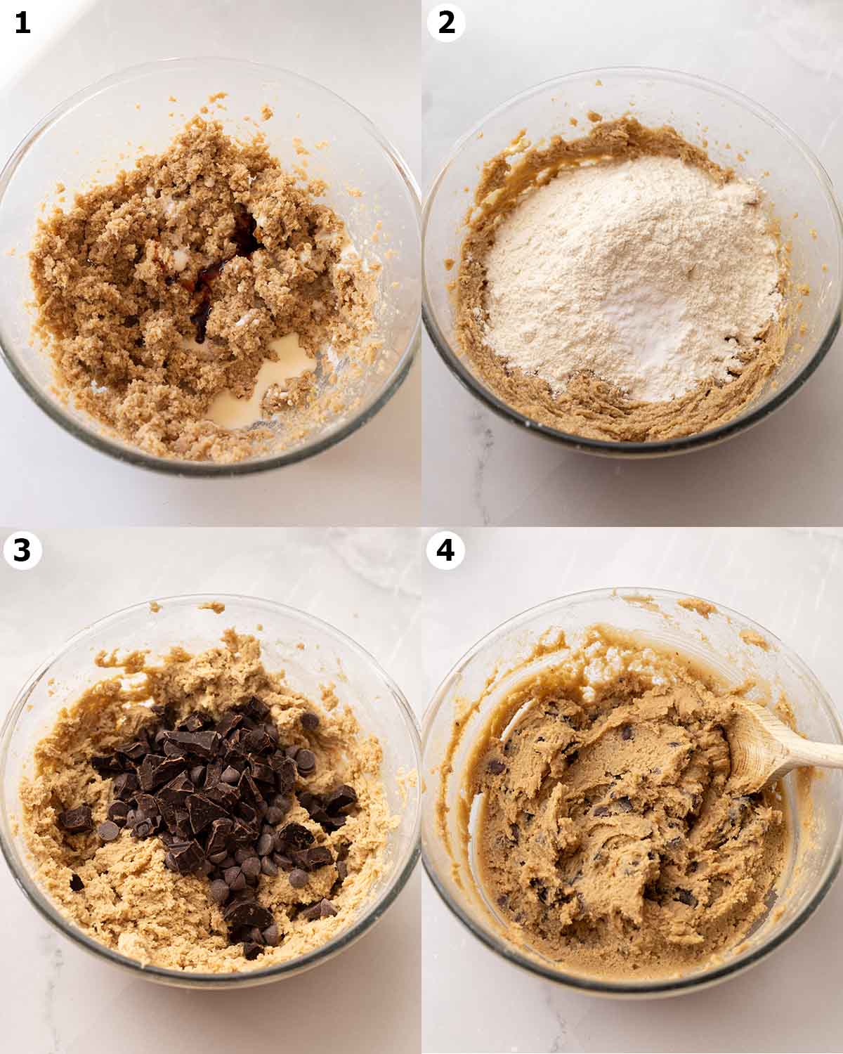 Four image collage showing how to prepare the cookie dough. The final dough is soft and tacky.