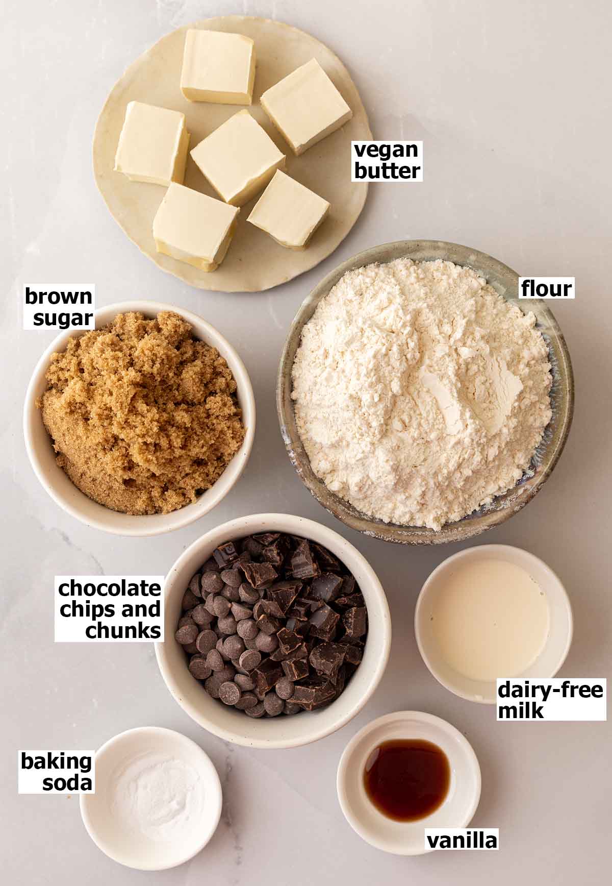 Flat-lay of ingredients for the chocolate chip cookies.