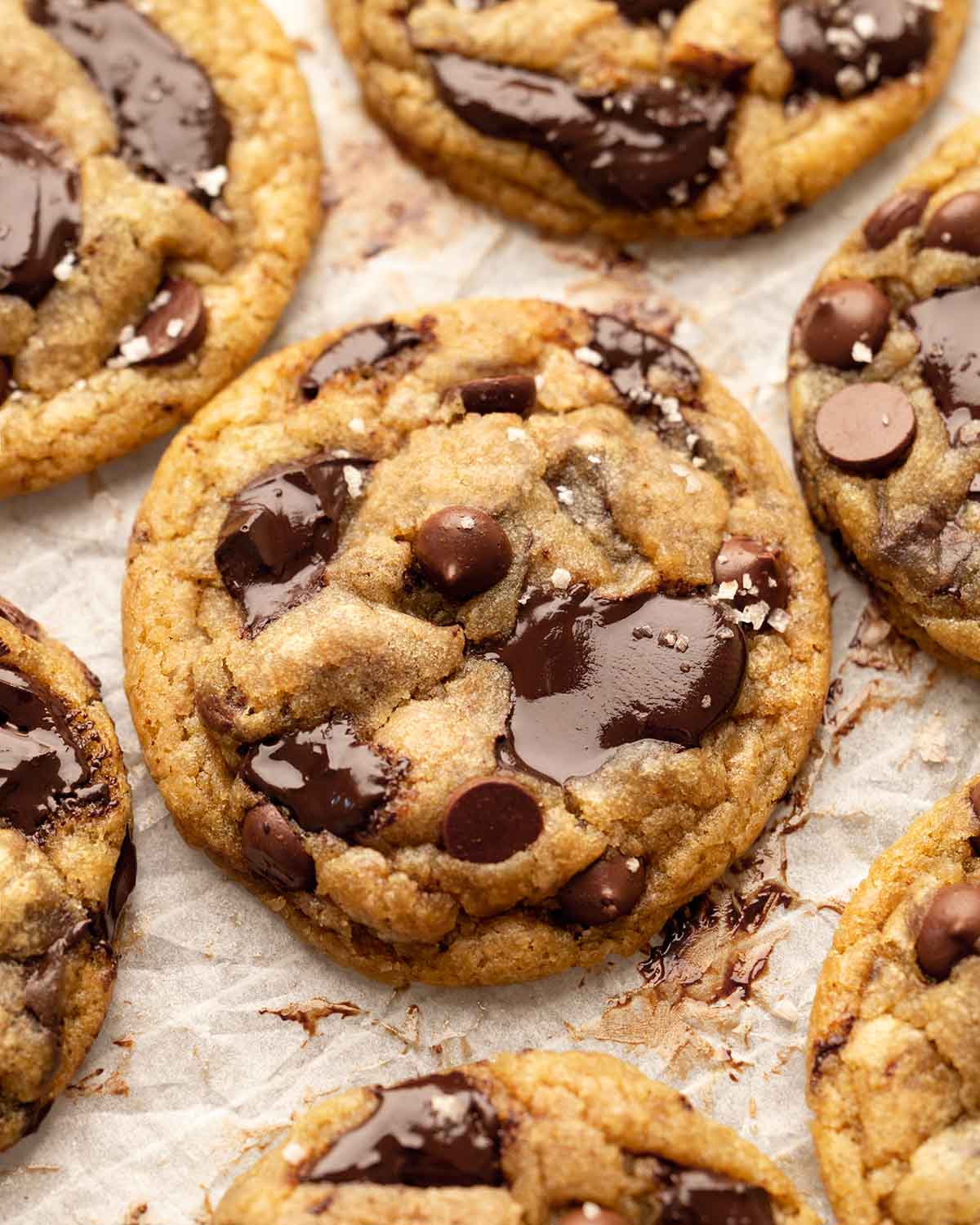 Close up of one chocolate chip cookie with gooey chocolate chunks and flaky sea salt sprinkled on top.