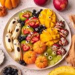 Overhead image of whole Halloween fruit platter.