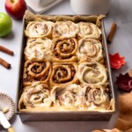 Vegan apple cinnamon rolls in sheet pan.