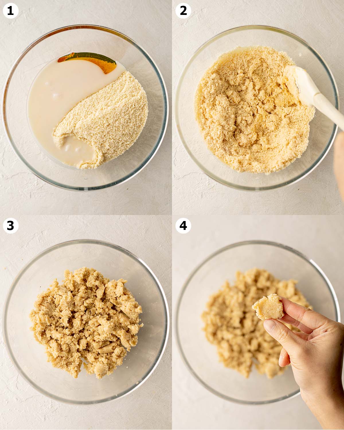 Four image collage showing how to make the cookie dough in a large mixing bowl.
