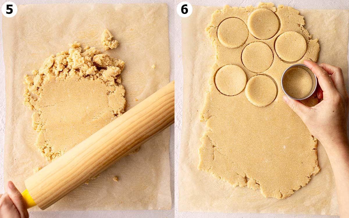 Two image collage showing how to roll out the cookie dough and cutting shapes using a cookie cutter