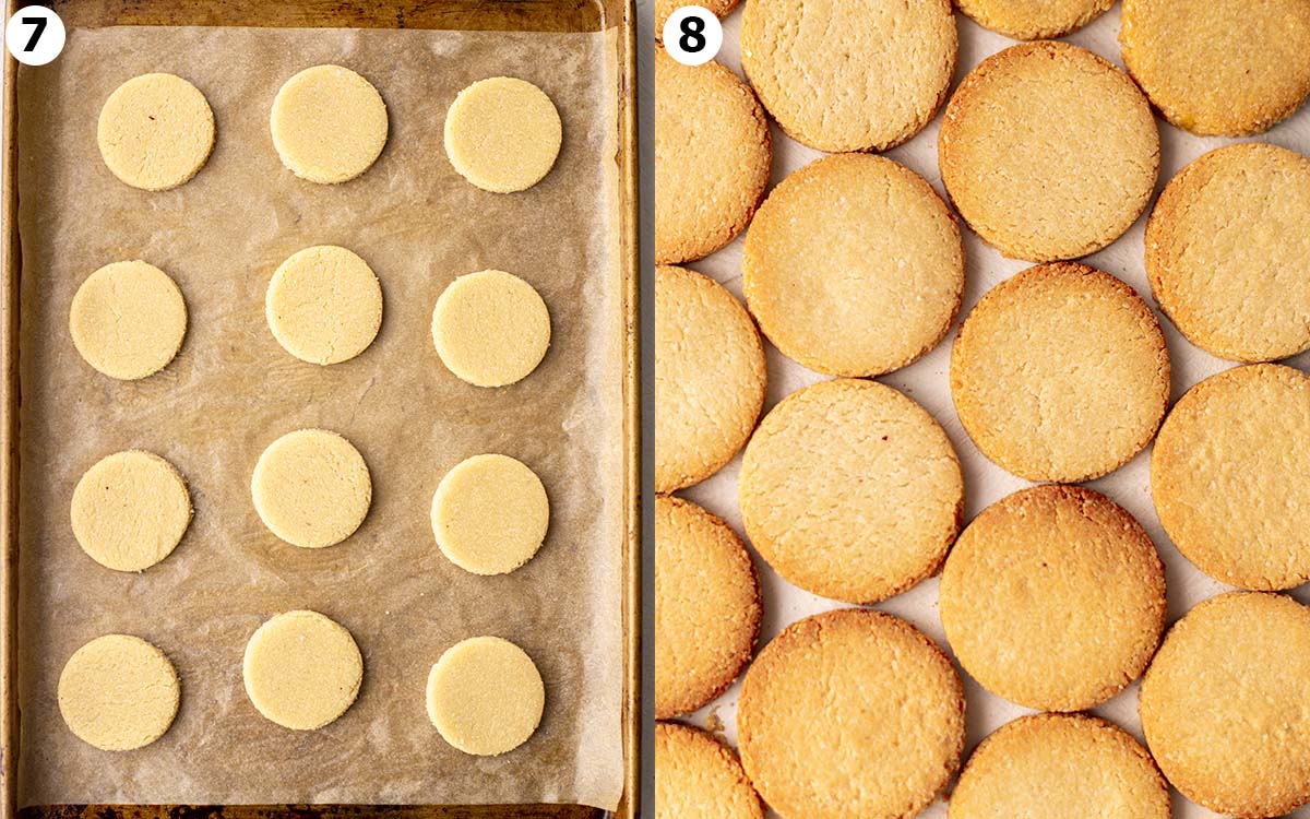 Two image collage of cookies before and after baking.