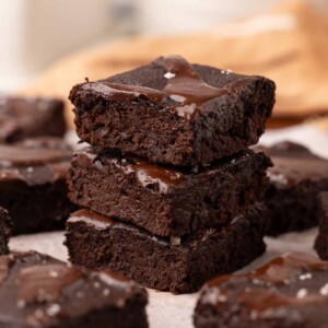 Stack of three sweet potato brownies.