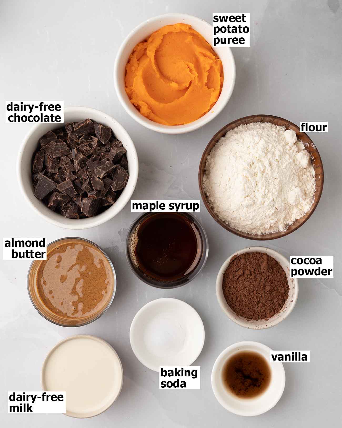 Flat-lay of ingredients for vegan sweet potato brownies.