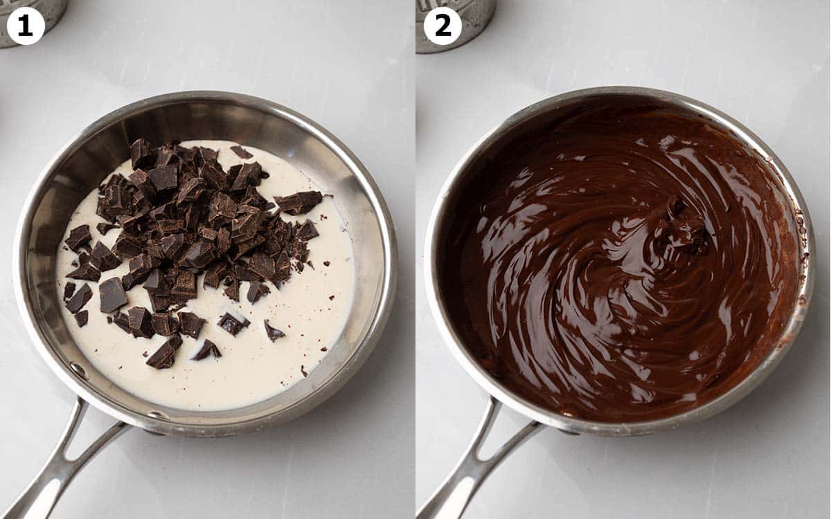 Two image collage of saucepan with chocolate and dairy-free milk, before and after melting.