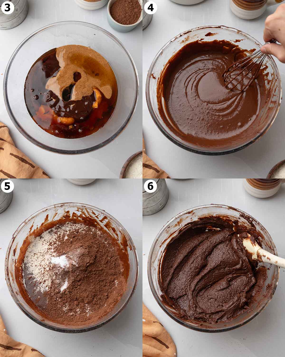 Four image collage showing steps for making the brownies in one bowl.