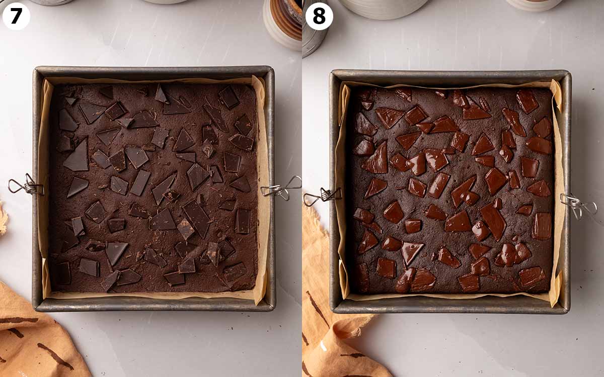 Two image collage of square cake pan, before and after brownies were baked.