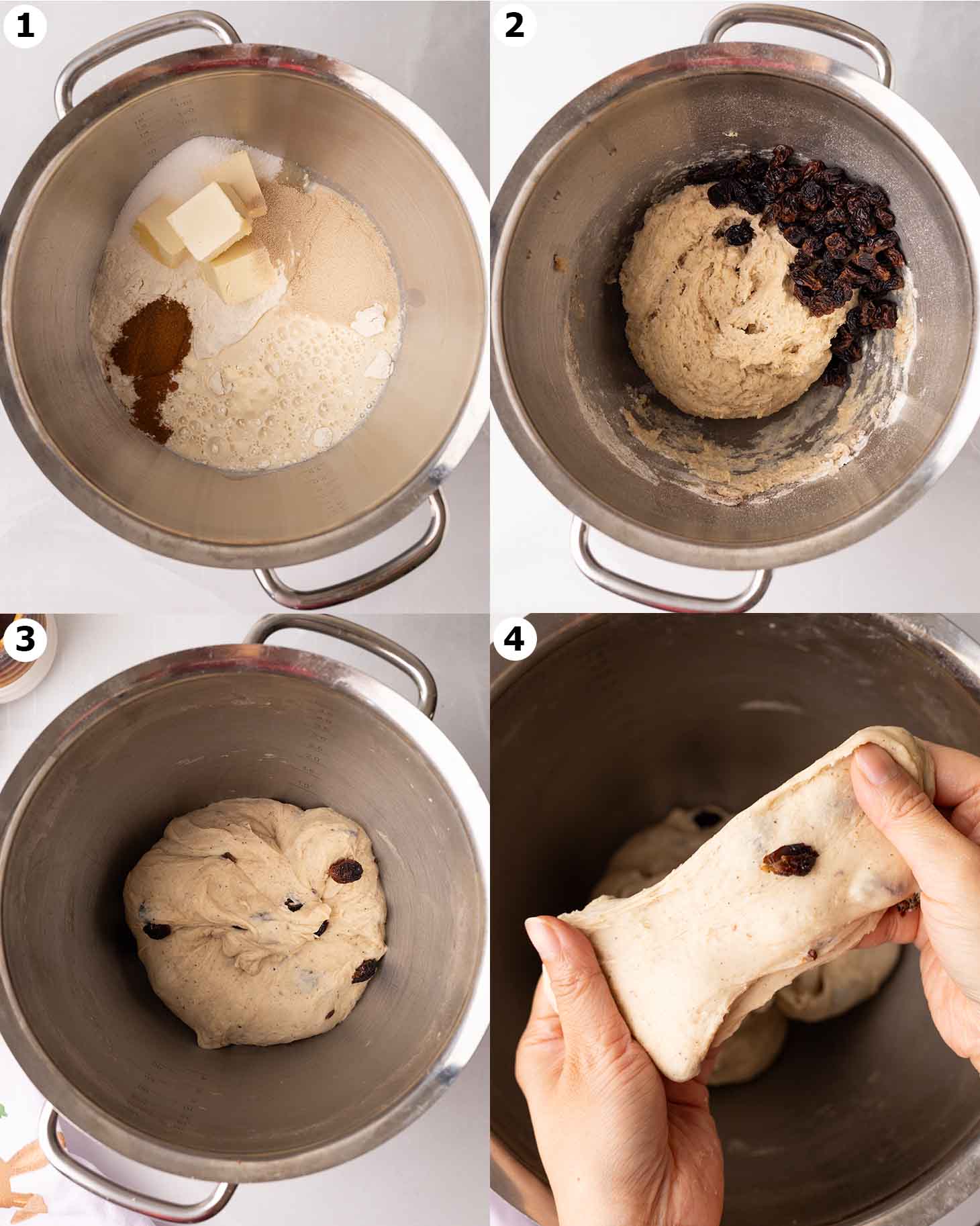 Four image collage showing how to prepare the dough for the cinnamon rolls.