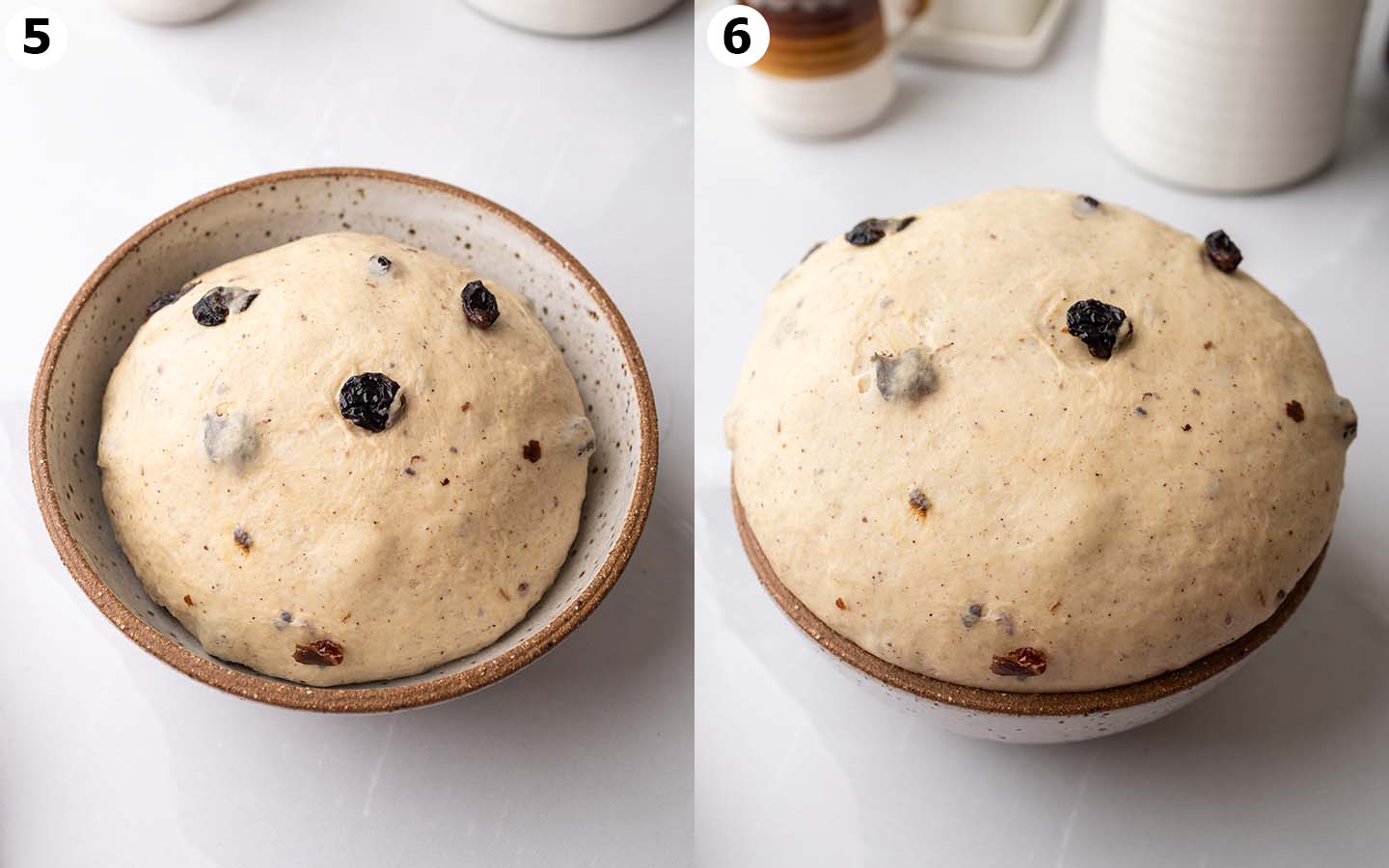 Two image collage of the first rise for the hot cross bun dough.