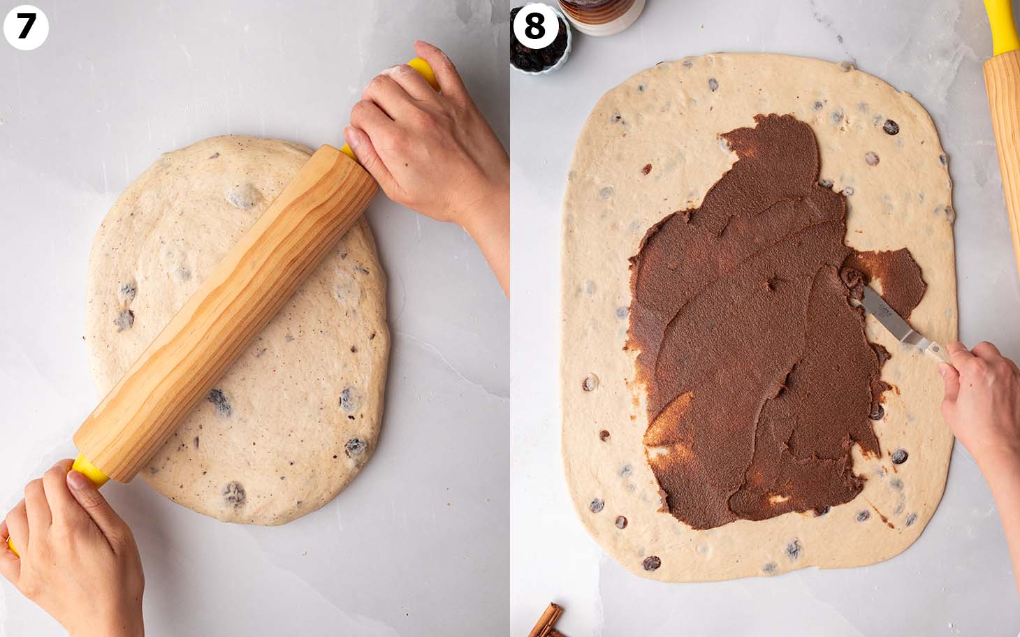 Two image collage rolling out the dough and spreading the hot cross bun spice mixture on top.