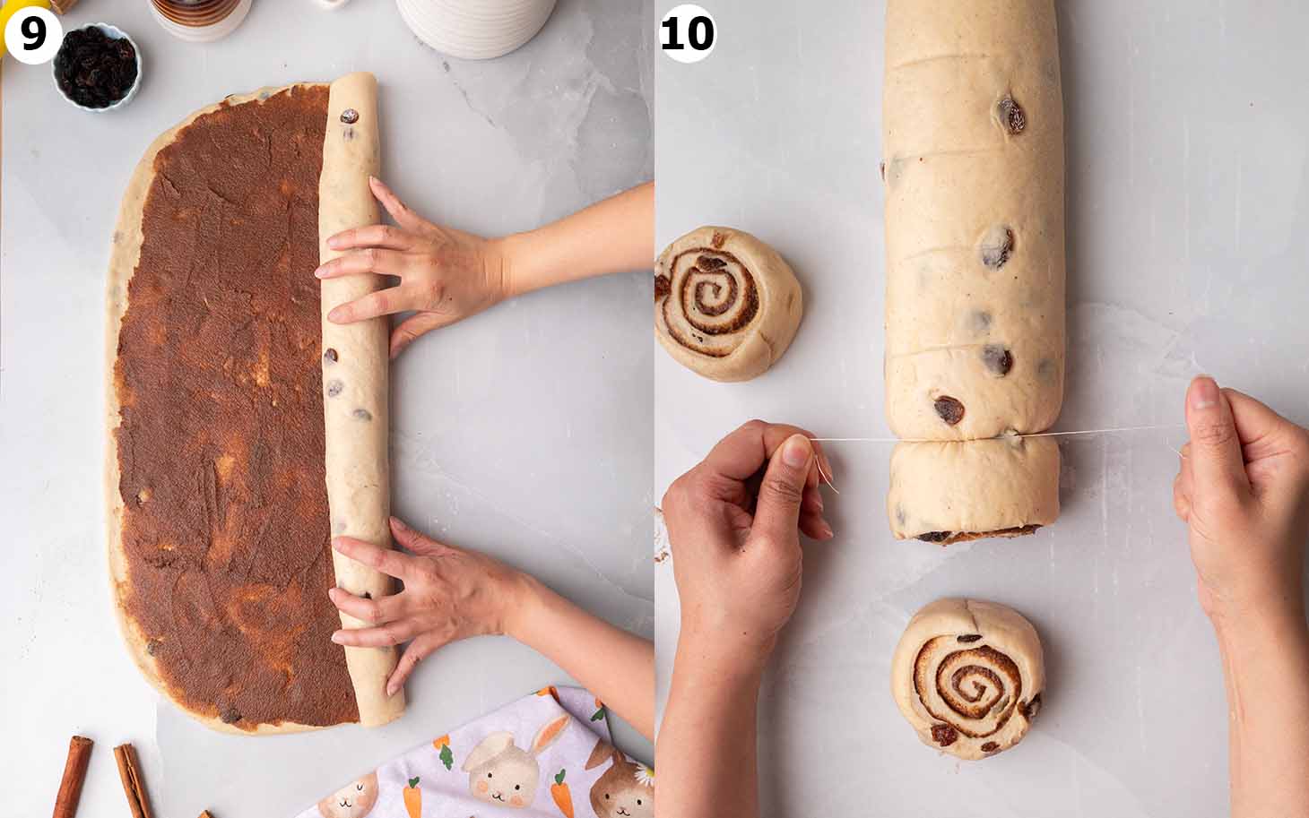 Two image collage showing how to roll up the dough and using dental floss to cut the dough into rolls.