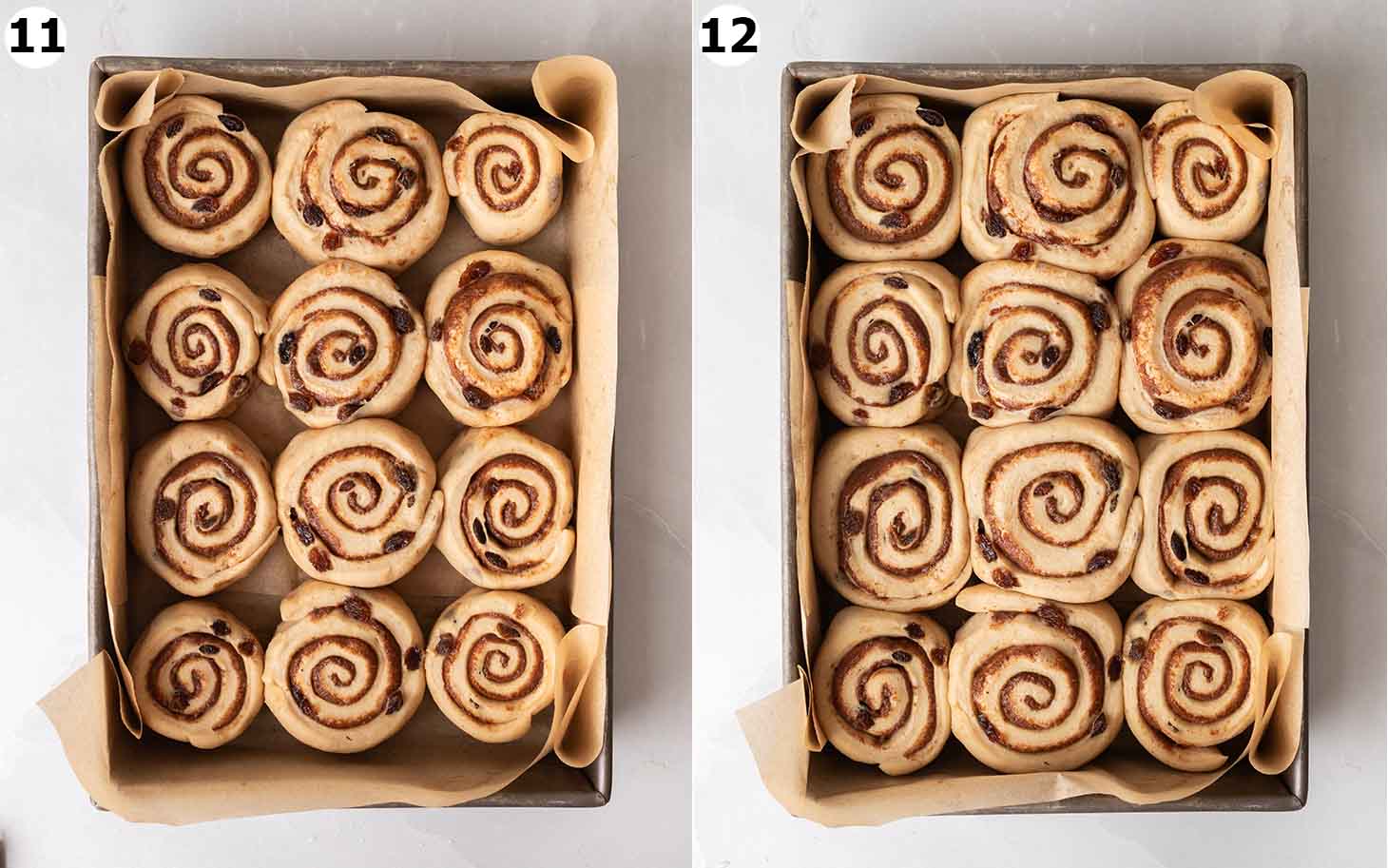 Two image collage of hot cross cinnamon rolls in baking tray, before and after rising.