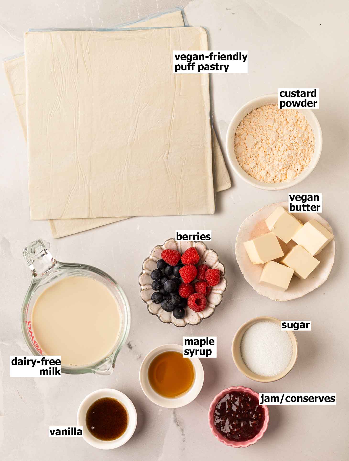 Flat-lay of ingredients for vegan custard pastries.