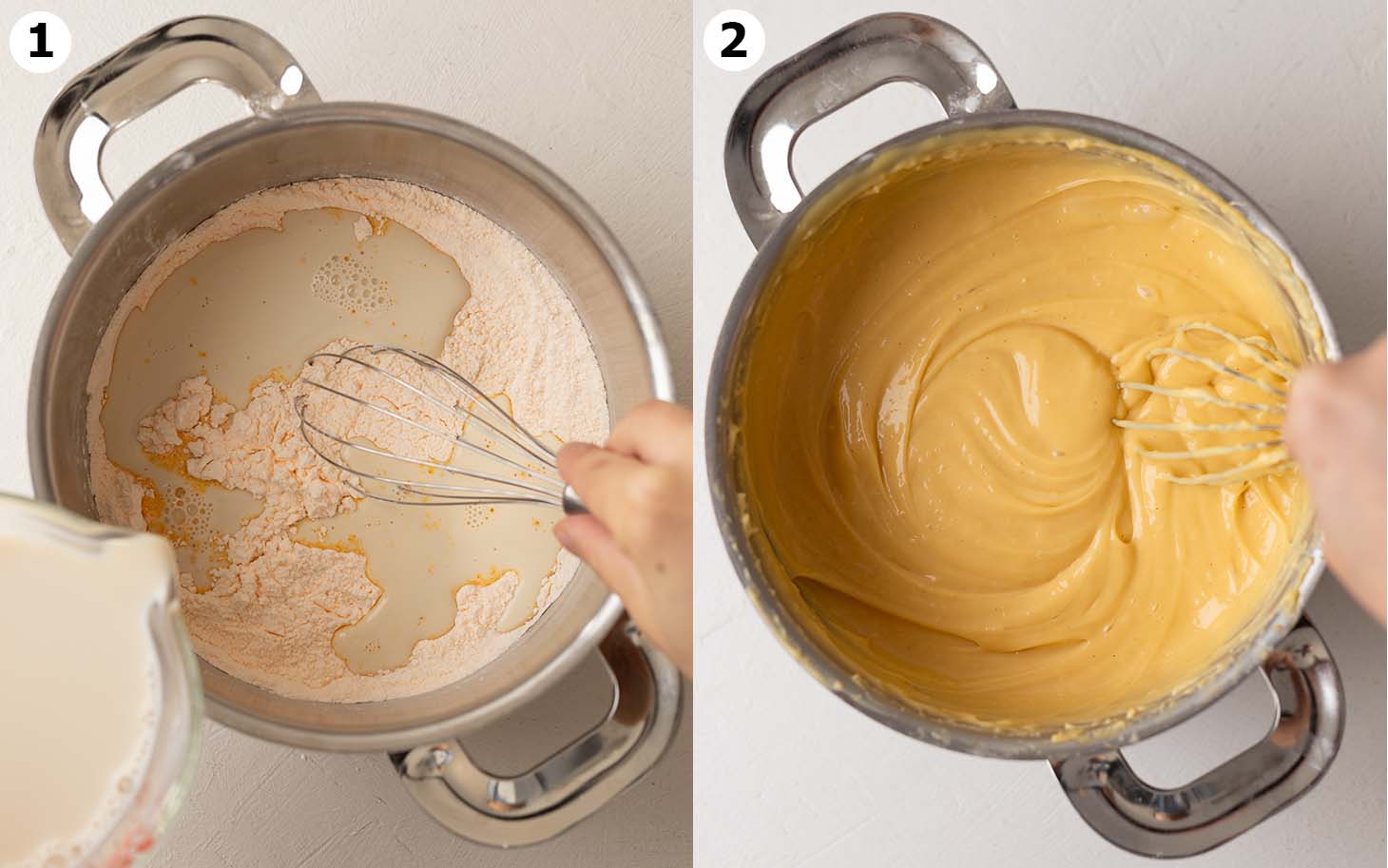 Two image collage showing how to make the custard for the pastries.