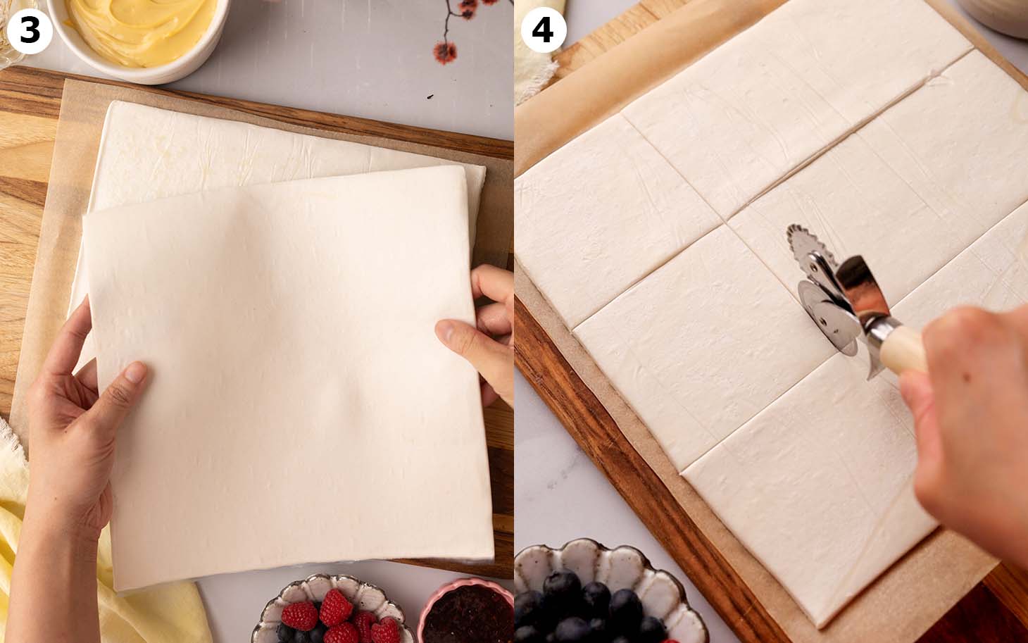 Two image collage showing 2 layers of store-bought puff pastry and cutting the pastry into squares.