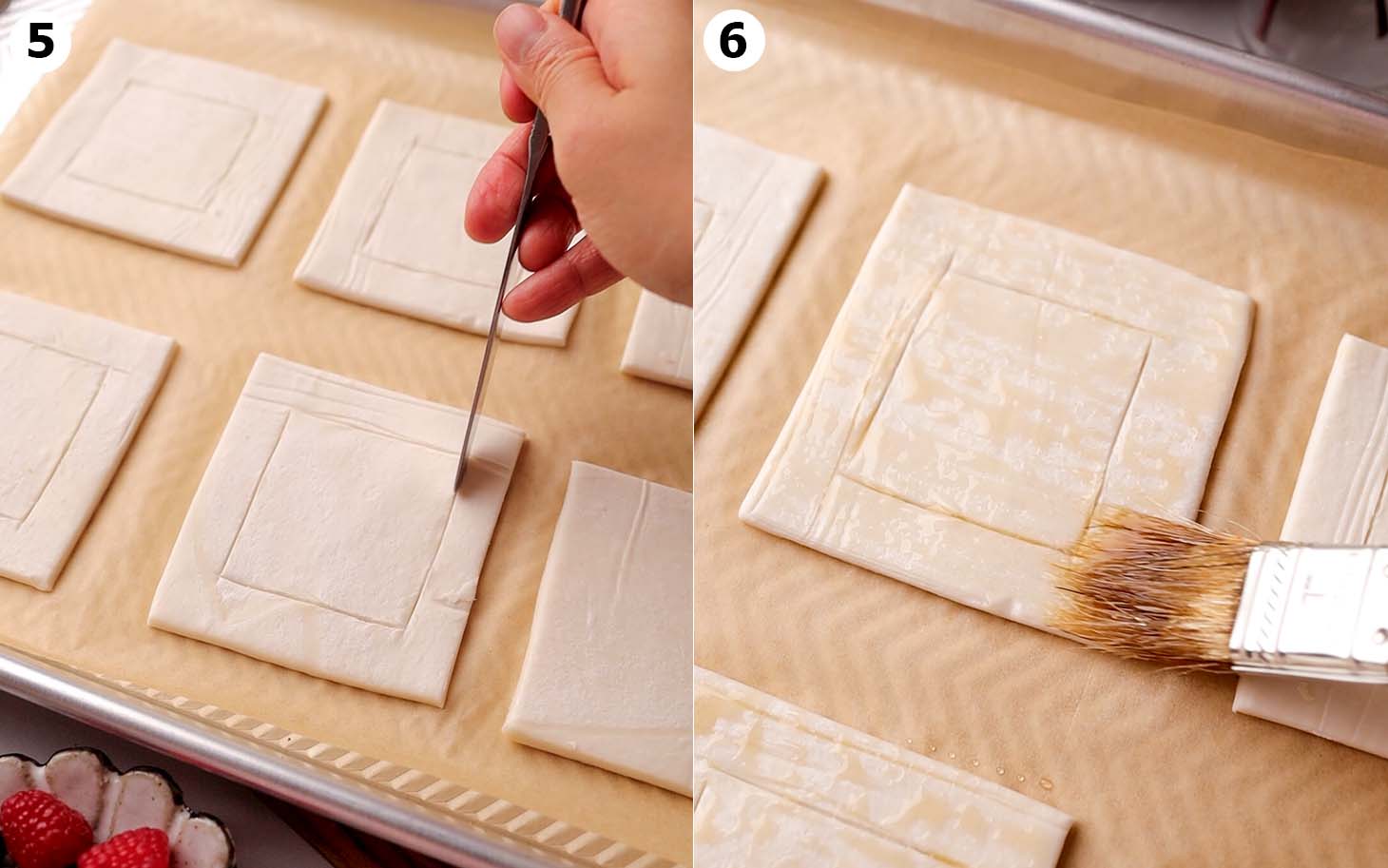Two image collage of individual pastry squares, with a knife scoring a border inside a square, and brushing maple syrup on another.