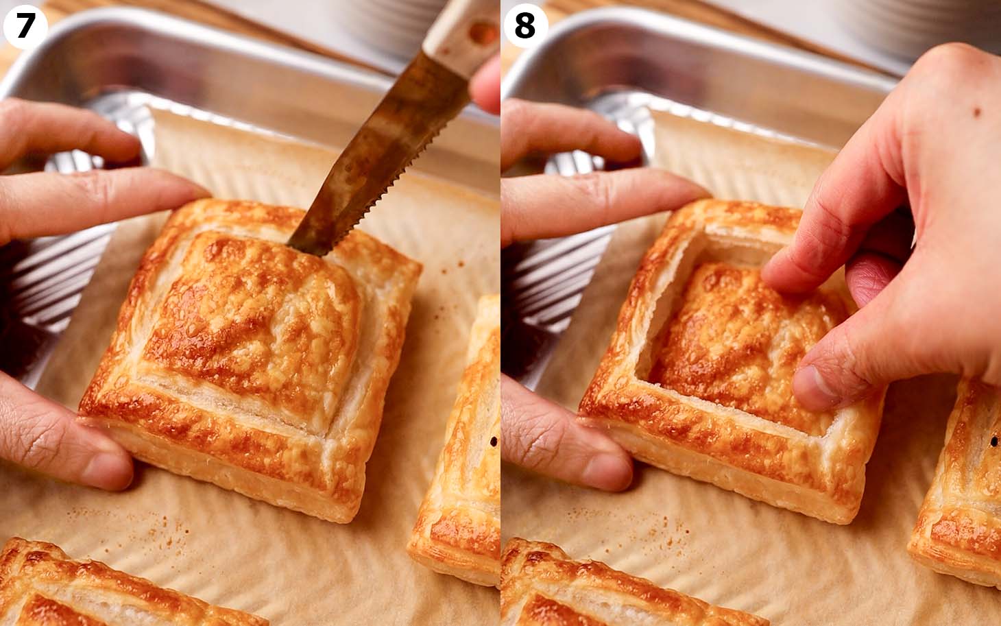 Two image collage of baked pastries. A small serrated knife cuts along the border of one pastry, and the center is pushed in.