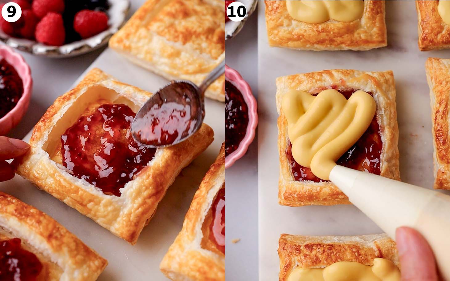 Two image collage showing how to layer the jam and custard in the puff pastry squares.