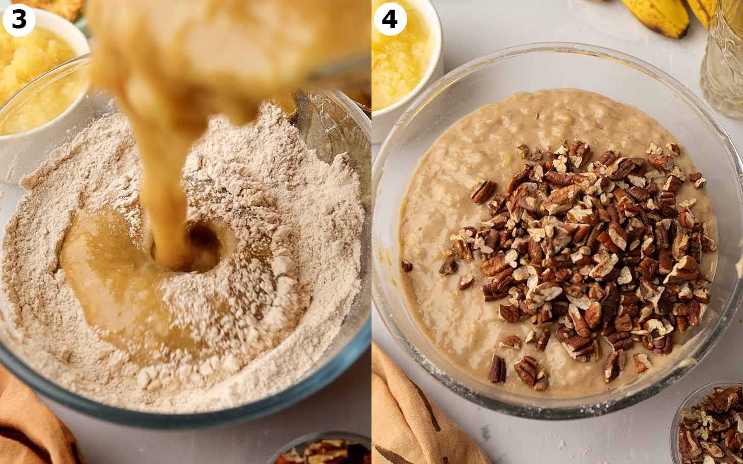 Two image collage of wet ingredients poured into dry ingredients and pecans on top of batter in bowl.