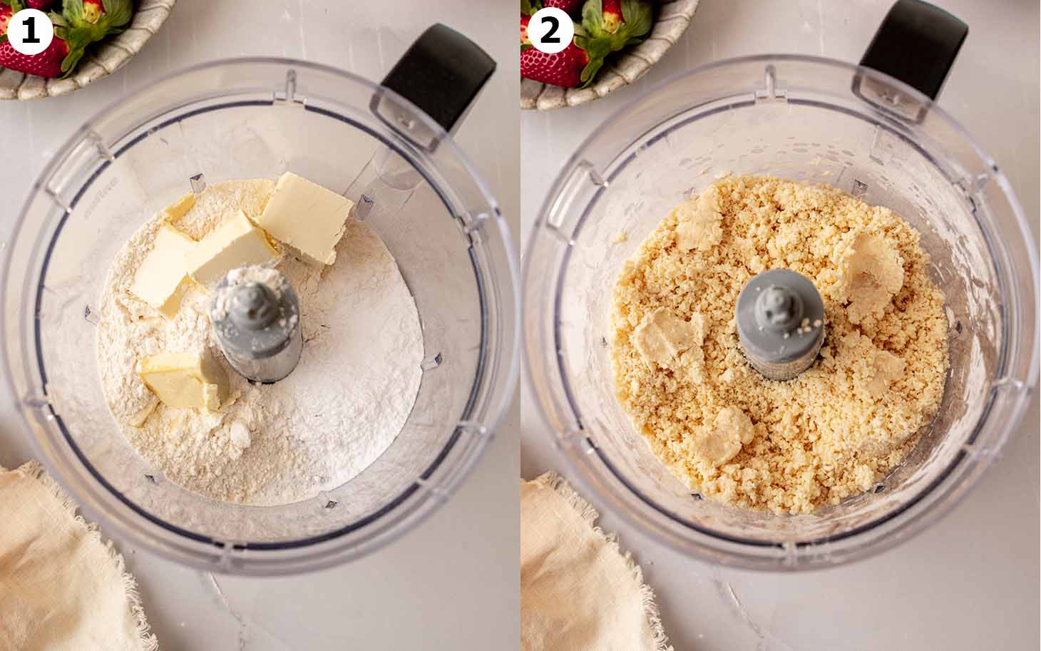 Two image collage of a food processor before and after pastry ingredients have been mixed.
