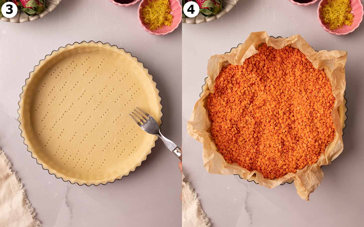 Two image collage of tart shell, with a fork docking holes into the base, and the tart filled with parchment paper and dried lentils for blind-baking.