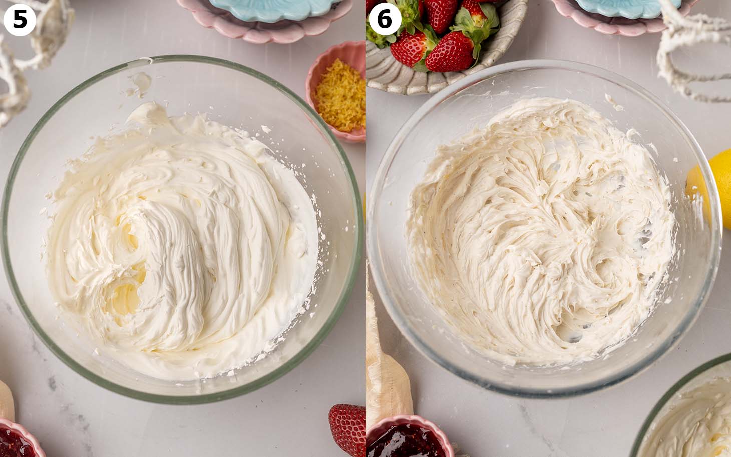 Two image collage of whipped cream in a bowl, and cream cheese mixture in another bowl.