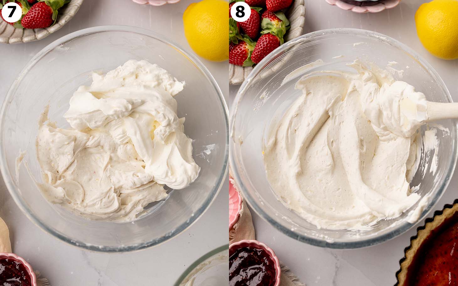 Two image collage of a bowl with the cream cheese and whipped cream unmixed, the both mixtures folded together.