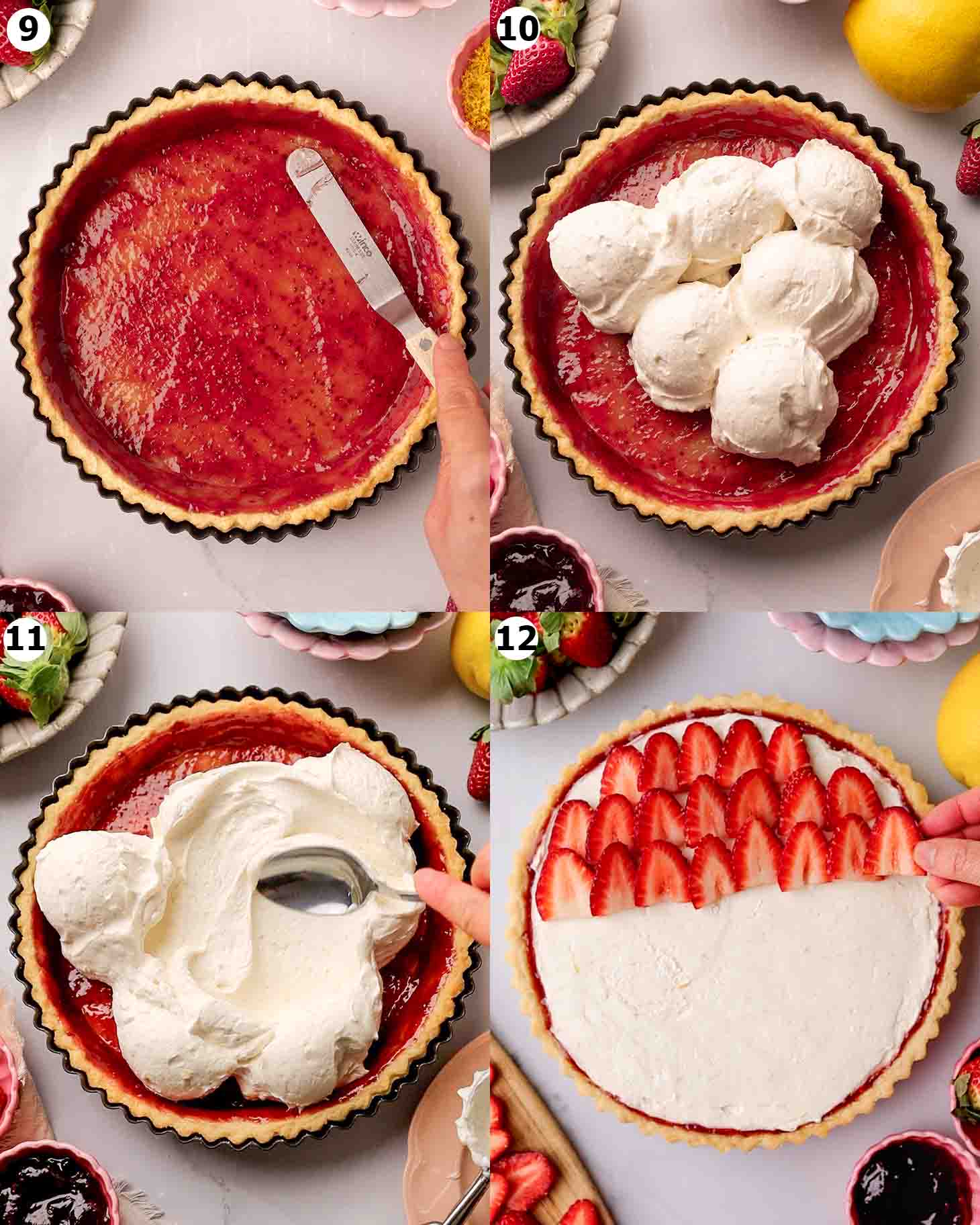 Four image collage of strawberry tart assembly.