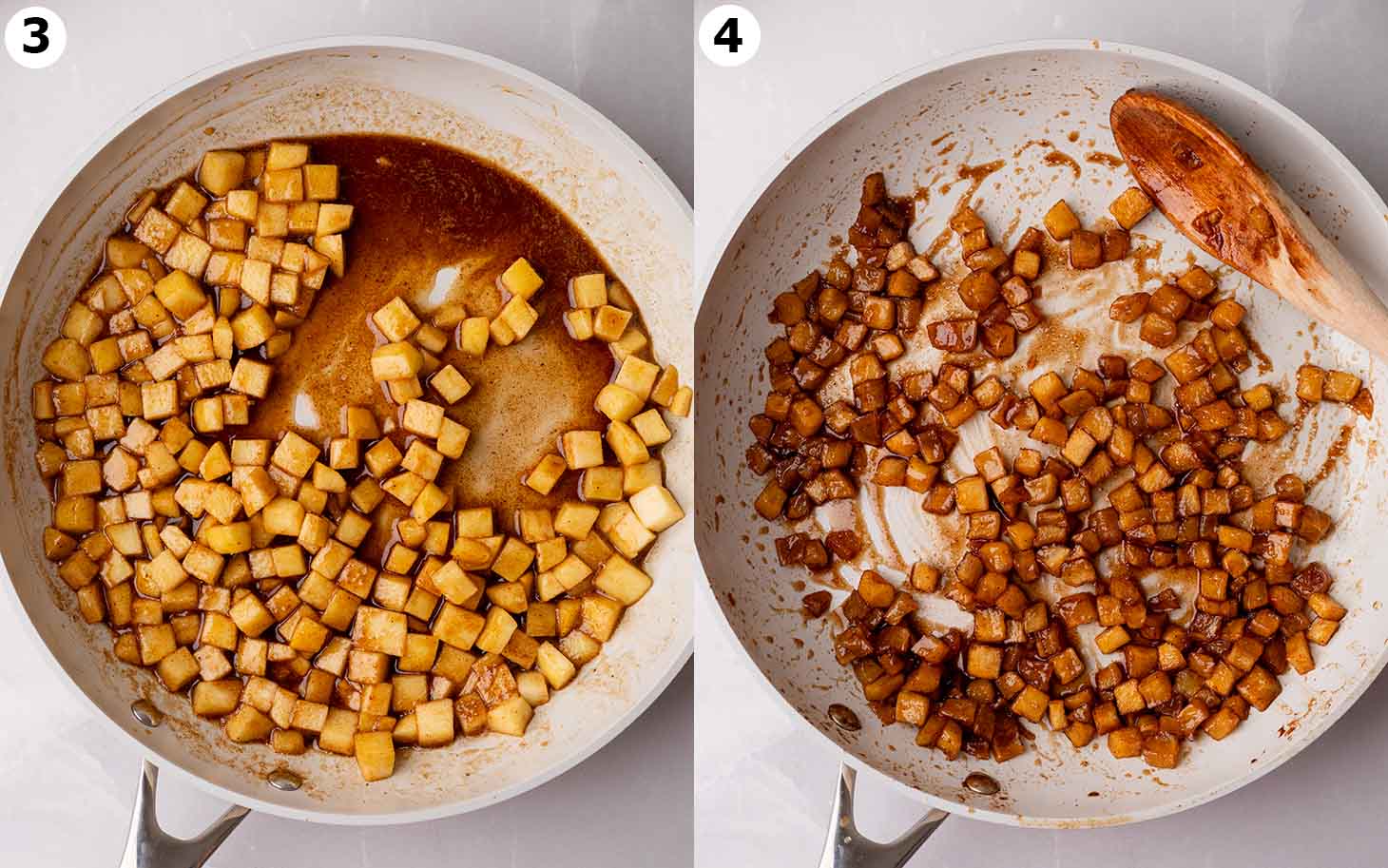Two image collage showing the process of caramelizing apples in a saucepan.