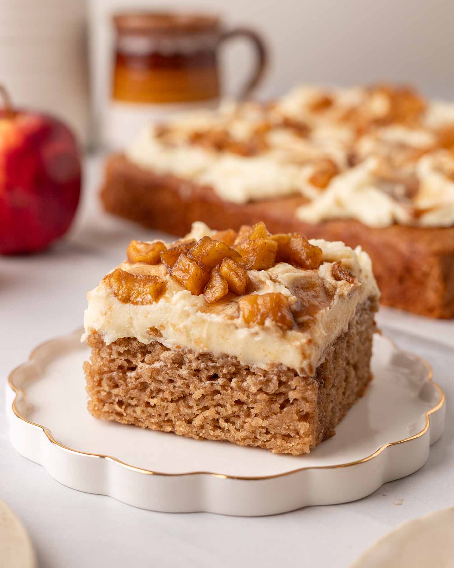 Close up of one slice of applesauce cake.