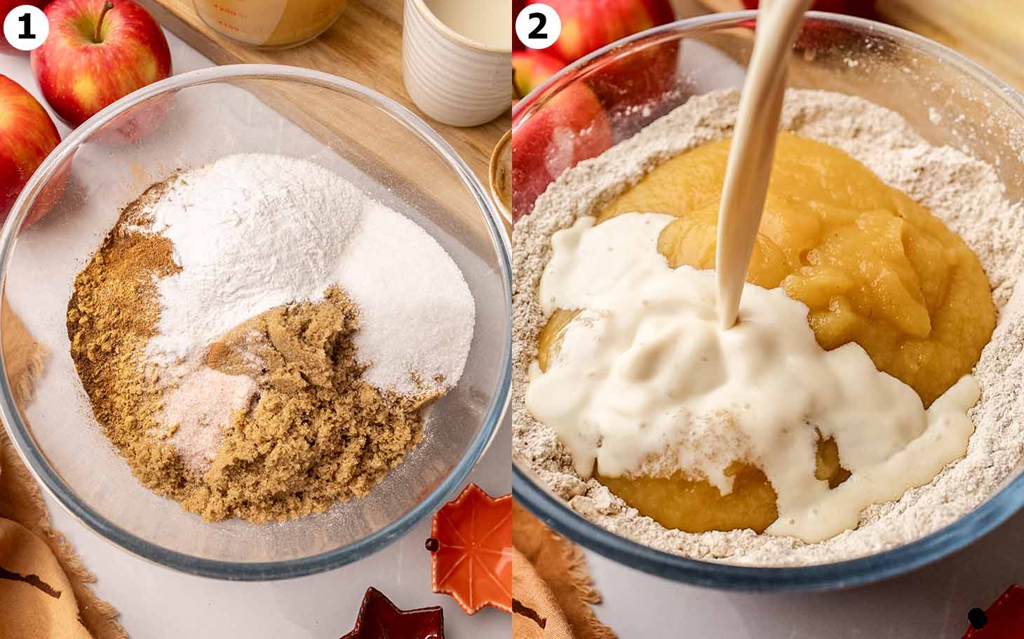 Two image collage of dry ingredients in a bowl, and wet ingredients being poured on top.
