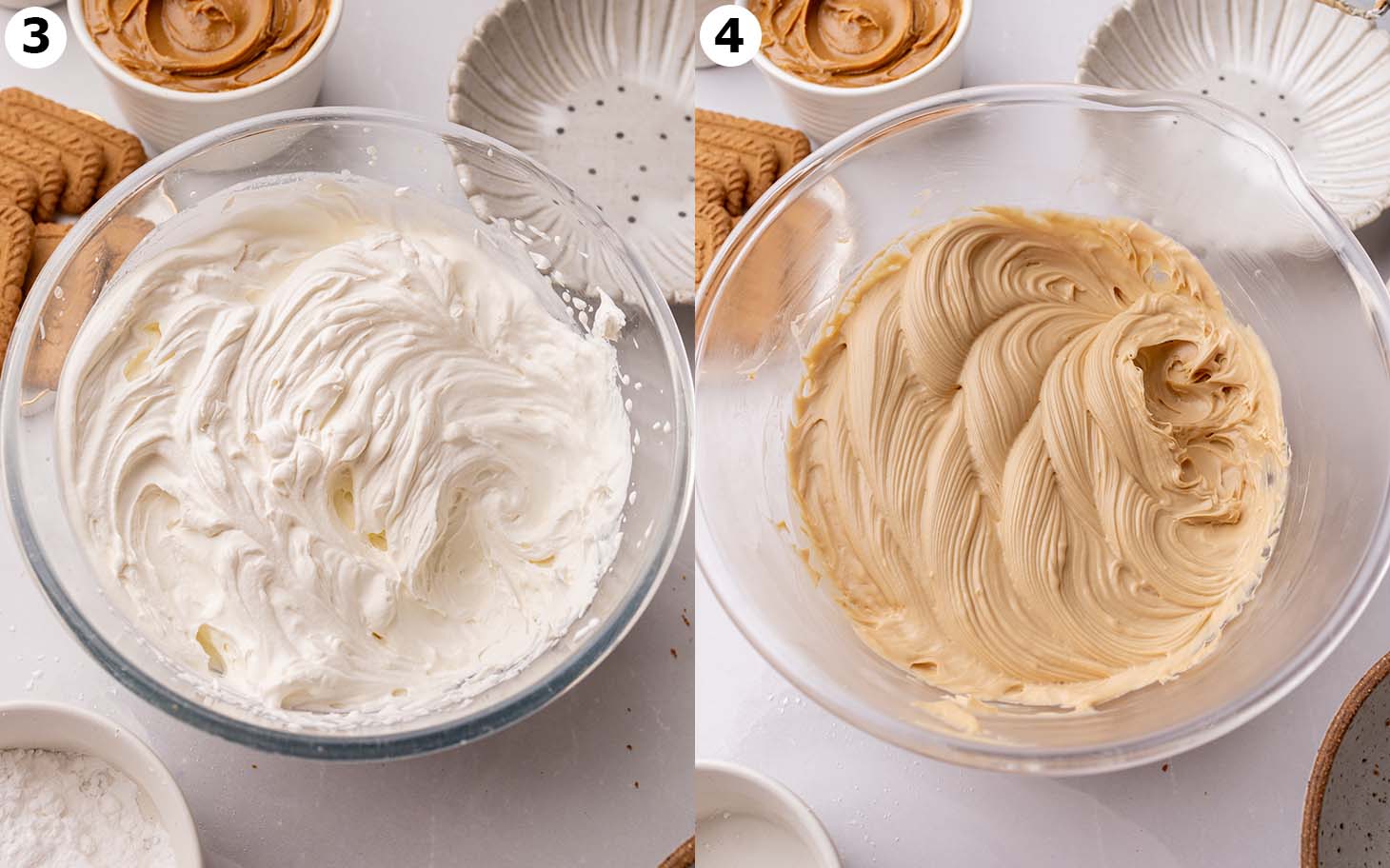 Two image collage of two large bowls, one with whipped cream, and one with cream cheese and Biscoff mixture.