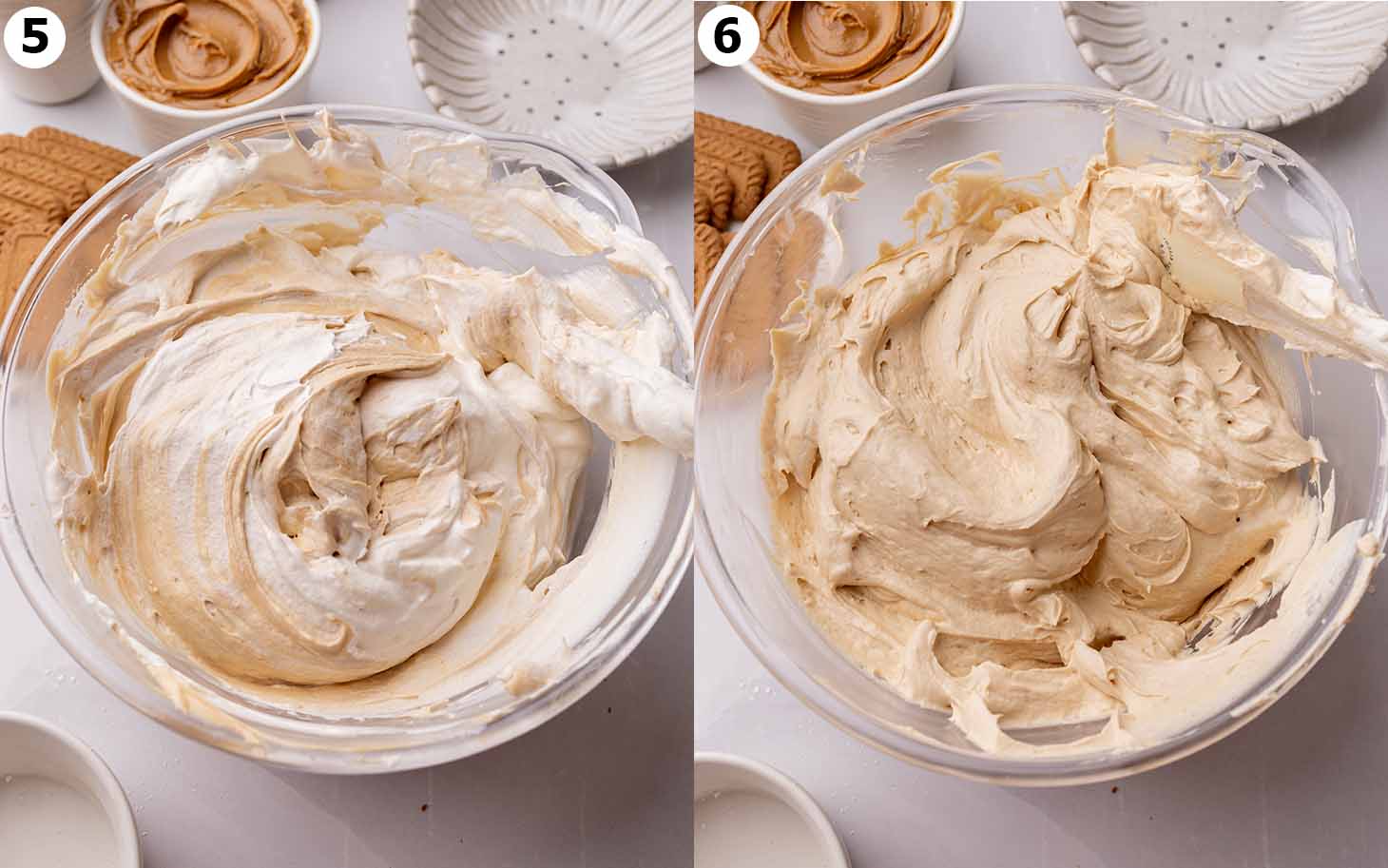 Two image collage showing how to fold the whipped cream into the cream cheese mixture.