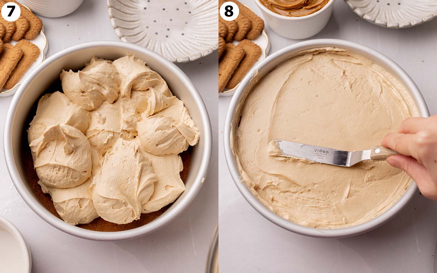 Two image collage of cake pan with Biscoff cheesecake mixture and the top of the cheesecake being smoothed out.
