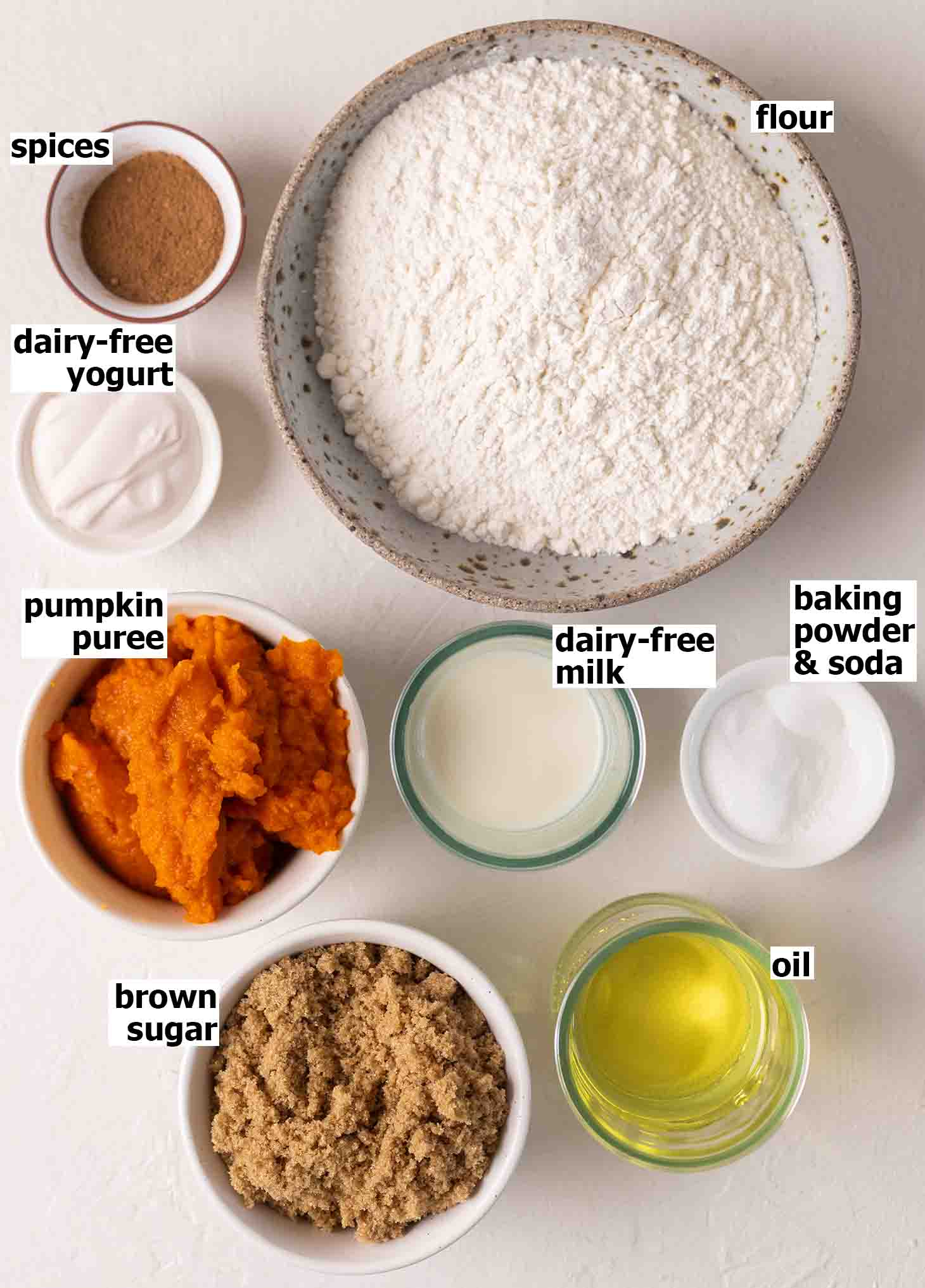 Flatlay of ingredients for vegan pumpkin bread.