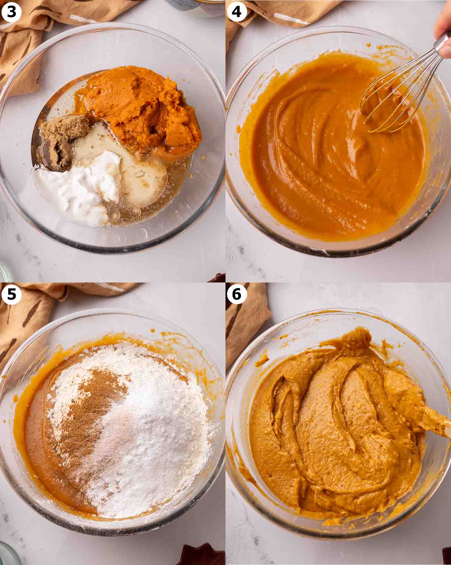 Four image collage showing how to make the batter in one bowl.