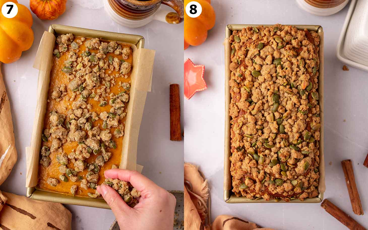 Two image collage before and after pumpkin bread is baked.