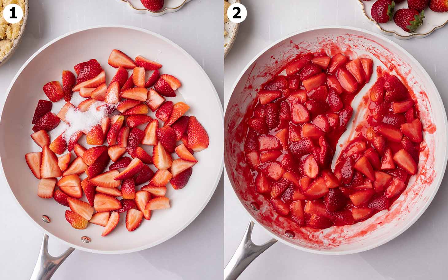 Two image collage of the strawberry mixture in a saucepan, before and after cooking.