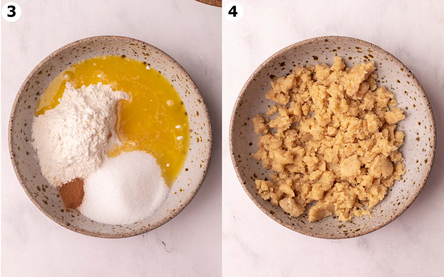 Two image collage of crumble mixture, before and after mixing.
