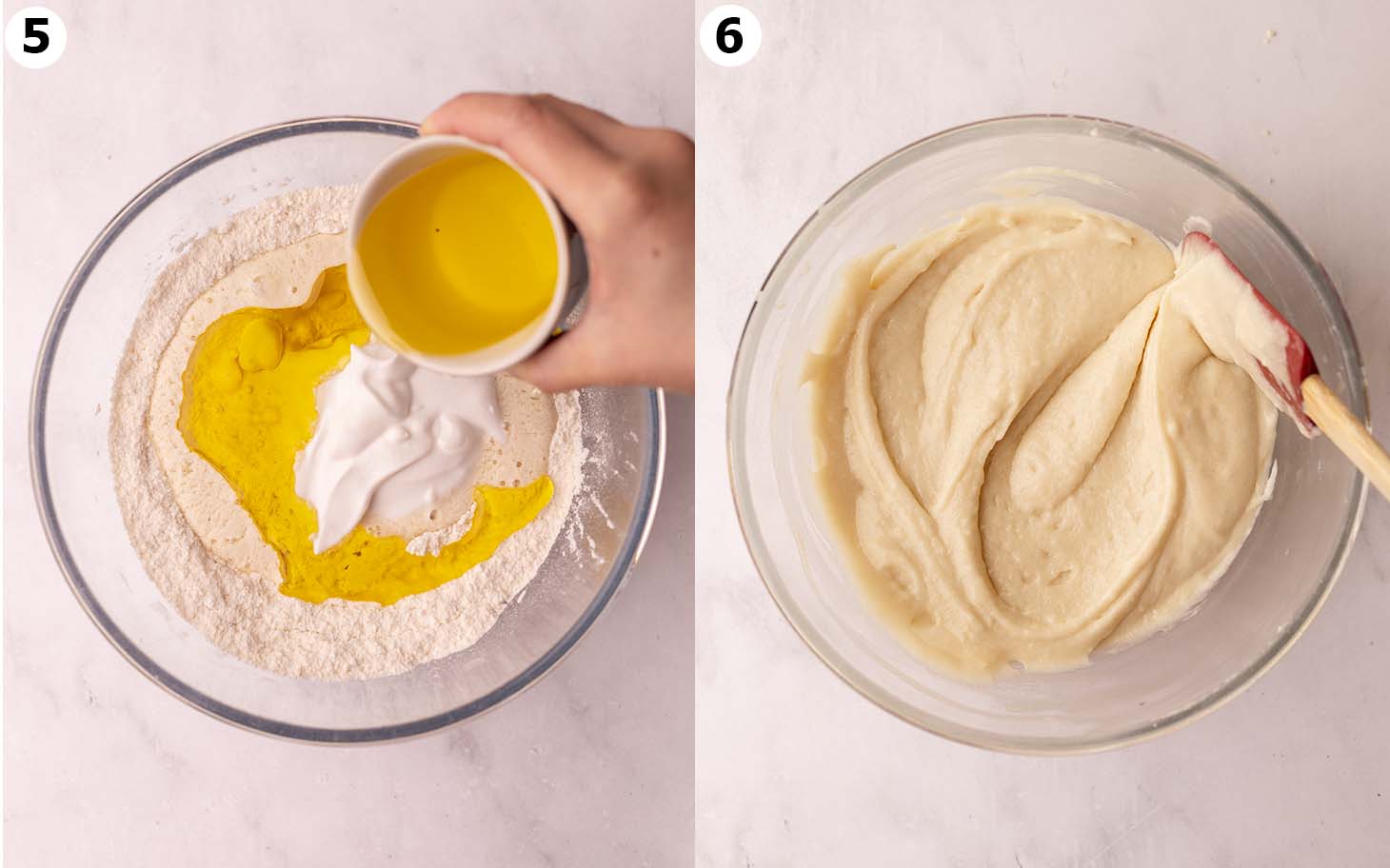 Two image collage of cake batter in bowl, before and after mixing.
